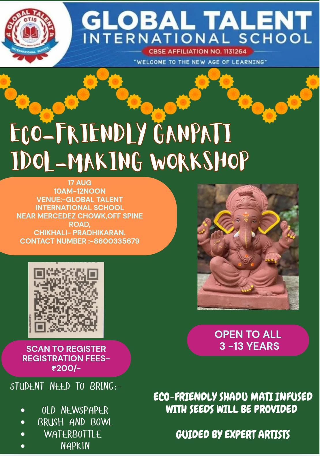 ECO FRIENDLY GANPATI IDOL MAKING WORKSHOP AT GTIS PIMPRI, PUNE